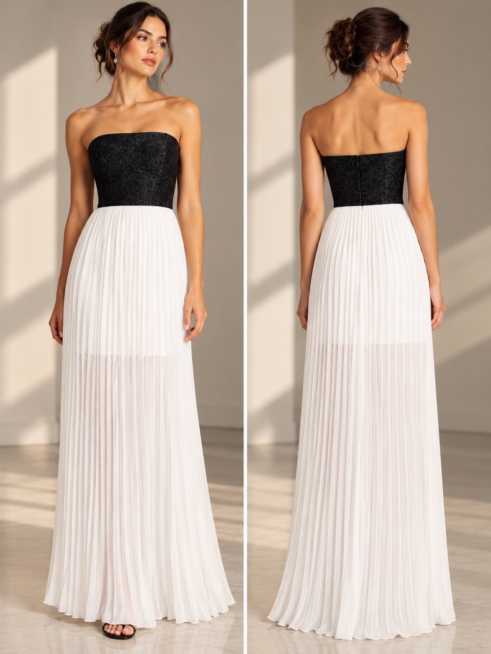 Aidan Mattox Strapless Pleated Maxi Dress Size 2 Black Ivory Formal Gown NWT